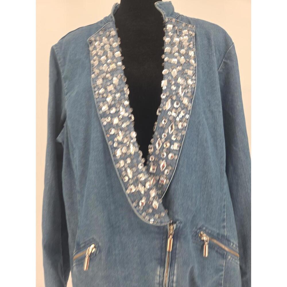 Vintage 1980 Denim Blazer 1X Bedazzled Rhinestone Jewel Embellishments Glam - Picture 2 of 6